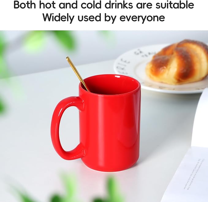 16 OZ Porcelain Coffee Mug, Classic Blank Ceramic Cup with Large Handle for Tea Latte Cappuccino, Red