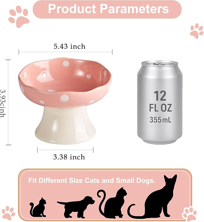 Ceramic Elevated Cat Bowls, Tilted Raised Pet Dish Anti Vomit Kitten Bowl for Indoor Cats, Whisker Friendly Pet Food and Water Bowl for Kitten, Cat, Puppies, Dishwasher Safe (Pink+Red+Yellow+Green)