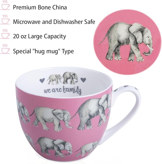Premium 20 oz Bone China Elephant Hug Mug – Cute Elephant Design for Coffee & Tea, Ideal Holiday, Birthday, and Christmas Gift for Family and Friend, Designed in England by Harvest Green Studio