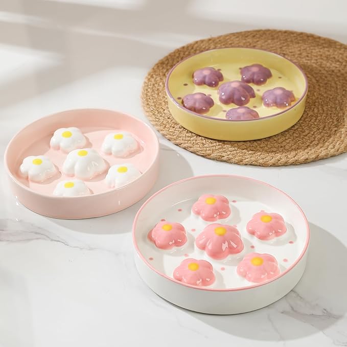 Ceramic Cat Slow Feeder Bowl - 6 OZ Puzzle Food Dish for Healthy Eating - Shallow Wide Whisker Friendly - Dishwasher Safe - 6.3 x 1.2 Inch - Blush Pink Flower