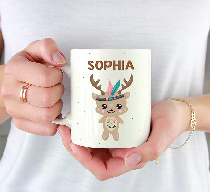 Andaz Press Personalized 11oz. Kids Milk Hot Chocolate Mug, Tribal Deer, 1-Pack, Custom Child’s Birthday Christmas Coffee Cup