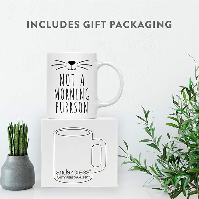 Andaz Press Funny Cat Lover 11oz. Ceramic Coffee Tea Mug, Not A Morning Purrson, 1-Pack, for Cat Mom, Birthday Christmas Ideas, Includes Box