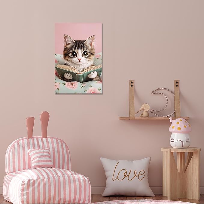 Trendy Cat Reading In Bed Canvas Wall Art Funny Pink Flower Animal Poster Funky Cat Lovers Monet Minimalist Prints Painting For Home Bedroom Kids Room Dorm Wall Decor 12x16in Framed
