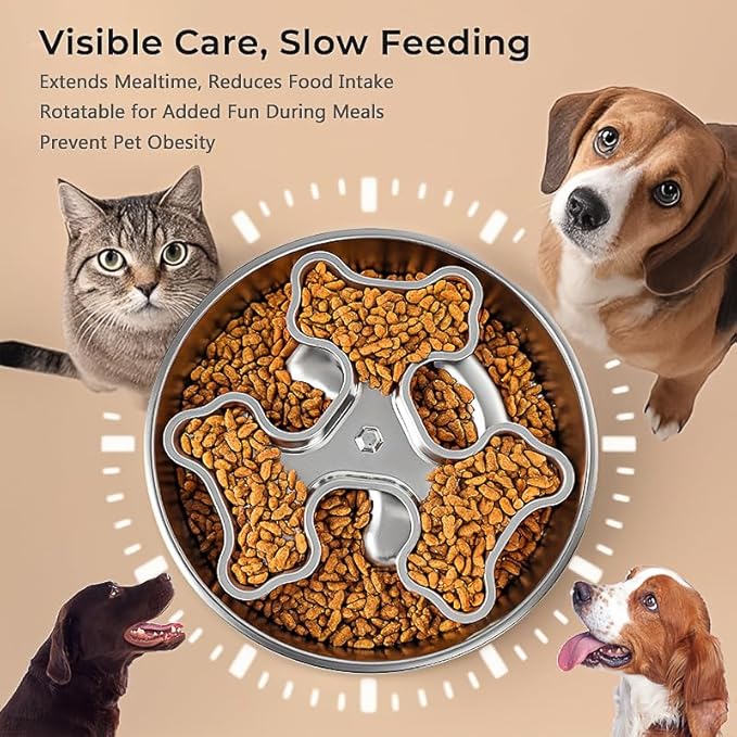 Stainless Steel Rotating Bone-Shaped Slow Food Bowl, 304 Grade Anti-Spill Pet Feeder for Dogs and Cats