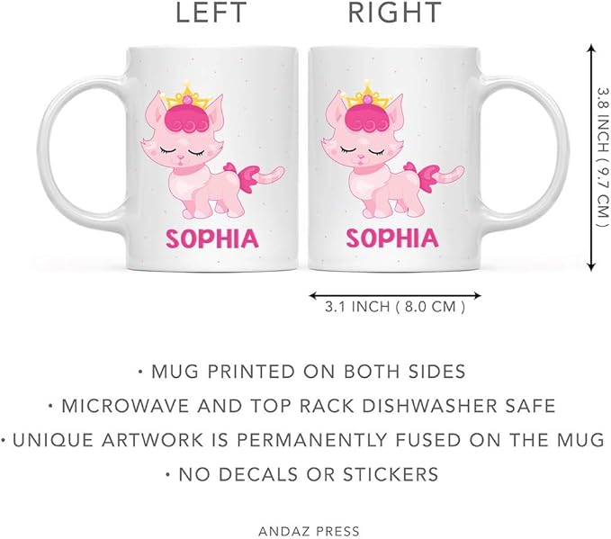 Andaz Press Personalized 11oz. Kids Milk Hot Chocolate Mug, Pink Princess Cat, 1-Pack, Custom Child’s Birthday Christmas Coffee Cup