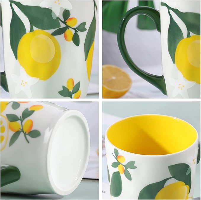NymphFable Hand Painted Ceramic Large Coffee Mug with Handle 20oz Lemons Tea Cup Gifts for Women