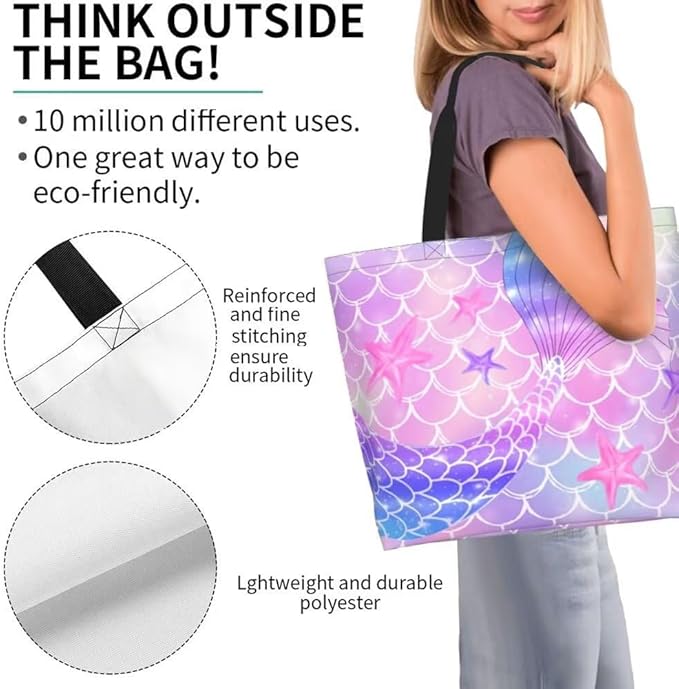 Pink Mermaid Gym Tote Bags for Women,Cute Ocean Mermaid Purse Print Shoulder Reusable Shopping Handbags Casual Travel Work Daily Waterproof Summer Grocery Bag Holiday Gifts -Large