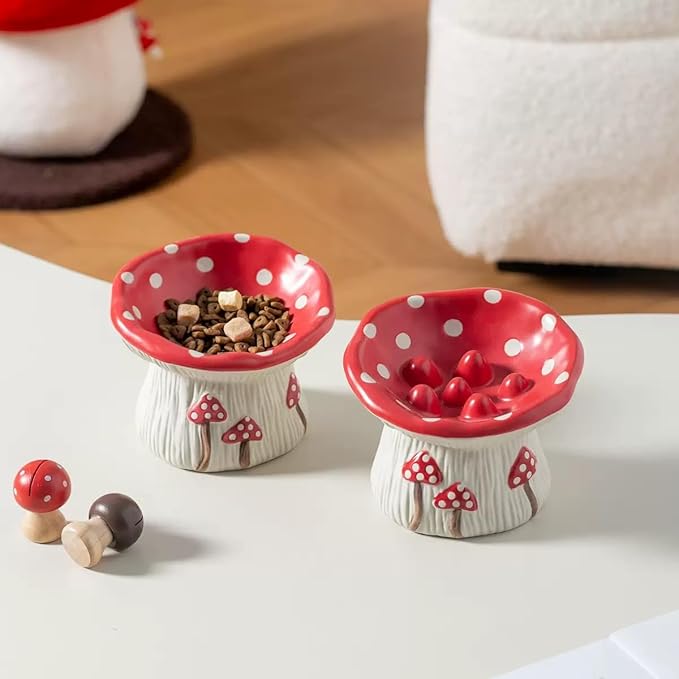 Cat Slow Feeders Set, Raised Ceramic Cat Bowl, Tilted Design, no Black Chin, Gut & Neck-Friendly,Pet Food and Water Bowls (Cute Mushroom Shape)