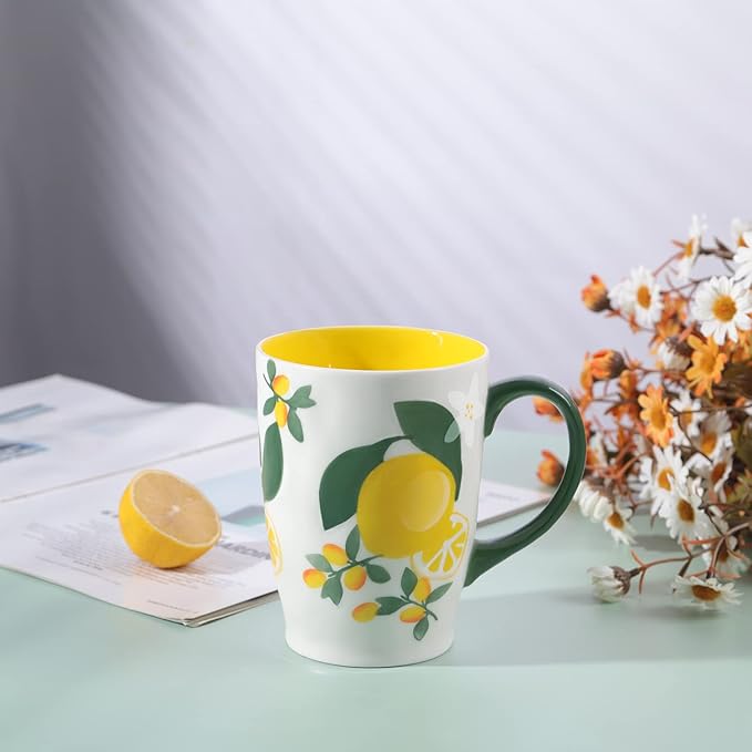 NymphFable Hand Painted Ceramic Large Coffee Mug with Handle 20oz Lemons Tea Cup Gifts for Women