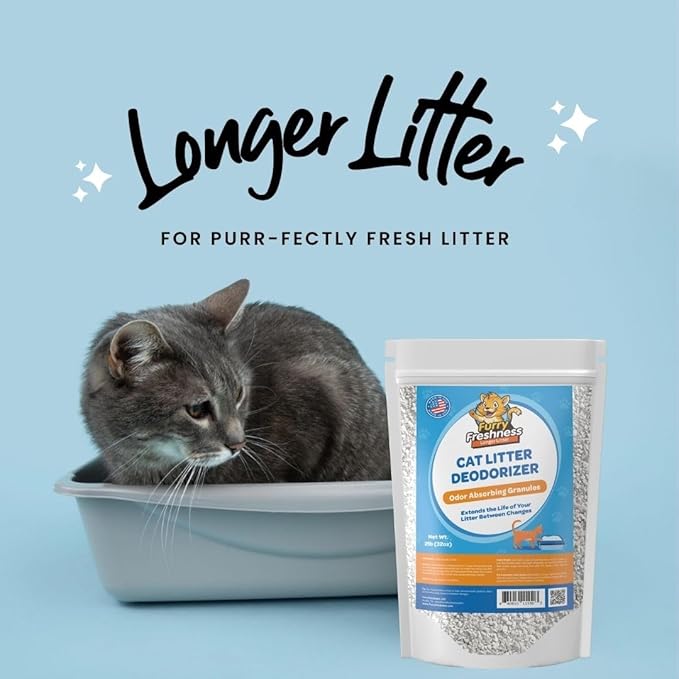 FurryFreshness Cat Deodorizer & Box Odor Eliminator - Works With All Litters To Increase Litter Life - Made In USA - Nontoxic, Fragrance Free Odor Control (2 Lbs)