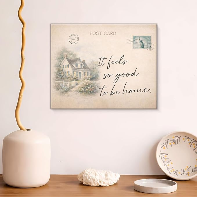 Retro Post Card Canvas Wall Art It Feels So Good to Be Home Print Painting Homey Wall Decor for Living Room Entryway 8x10 Inches Framed