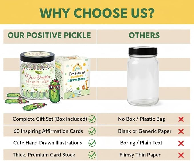 DEARMINE 60 Positive Pickle Cards Jar for Daughter with Affirmation Cards, Daughters Birthday Gift Ideas from Mom, Dad, Daughter Gifts, Unique Birthday Gifts for Daughter in Law