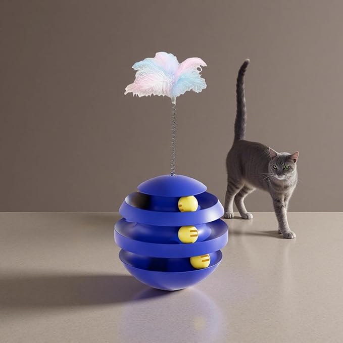 Cat Toys for Indoor Cats, Interactive Cat Toy Ball Track with Feather Sticks, 3 Spinning Balls, Wobble Rotating Tumbler Base for Bored Indoor Adult Cats to Play Alone, Reduce Anxiety(Blue).