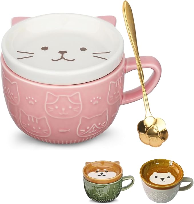 Ceramic Cute Cat Mug With Lid - Funny Novelty Cup for Cat Lovers, Tea and Dessert - Gift for Girls, Boys, Women on Christmas, Birthday (Pink)