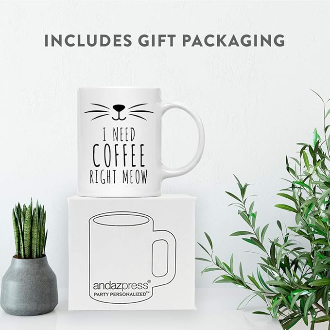 Andaz Press Funny Cat Lover 11oz. Ceramic Coffee Tea Mug, I Need Coffee Right Meow, 1-Pack, for Cat Mom, Birthday Christmas Ideas, Includes Box