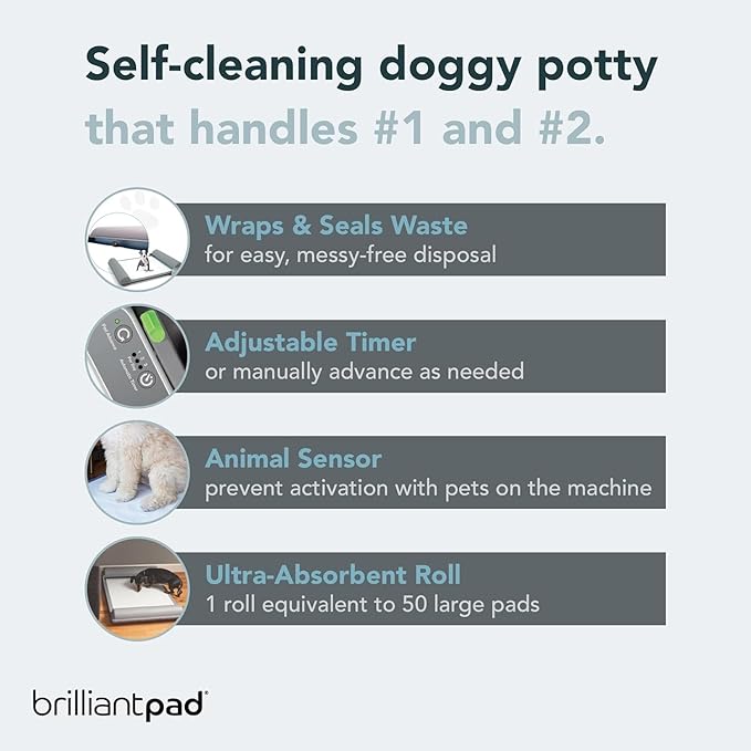 BrilliantPad Indoor Dog Potty for Small Pets, Basic | Automatic Self Cleaning with Odor Control, Puppy Training Alternative to Grass Turf, Mess Free | Includes 1 Disposable Absorbent Pee Pad Roll