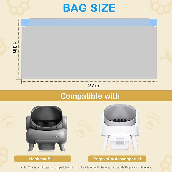 120 Count Cat Litter Box Bags Compatible with NeakM1 and Petpiv Autoscooper 11 Open-Top Self-Cleaning Cat Litter Boxes, Heavy Duty Leak-Proof Drawstring Cat Litter Bags, 27" x 13"