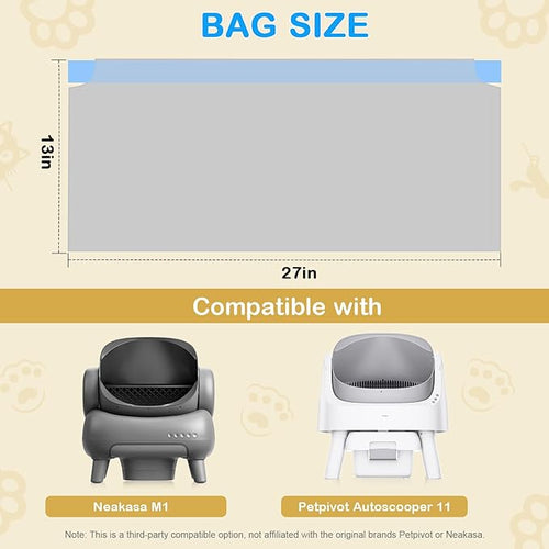 100 Count Cat Litter Box Bags Compatible with NeakM1 Petpiv Autoscoper 11 Open-Top Self-Cleaning Cat Litter Boxes, Heavy Duty Leak-Proof Drawstring Handle Cat Litter Box Liners, 27" x 13"
