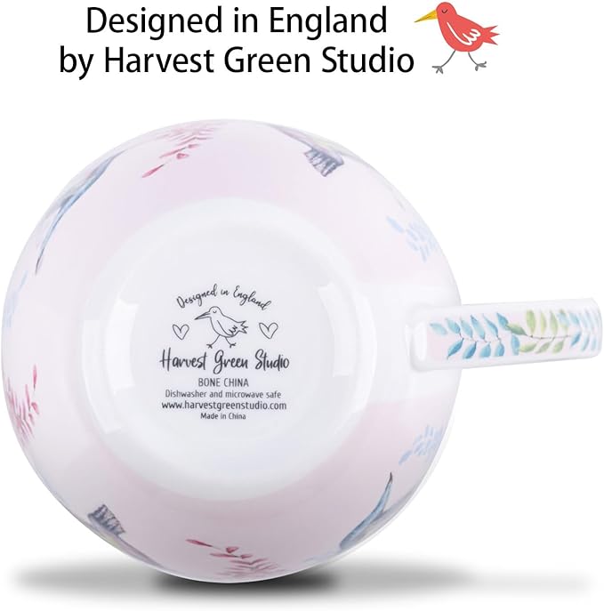 Spring Hummingbird Hug Mug - 20oz Pink Bone China Coffee Tea Mug with Floral Vine & Fluttering Hummingbirds, Thoughtful Gifts for Mom Women Mothers Day, Designed in England by Harvest Green Studio