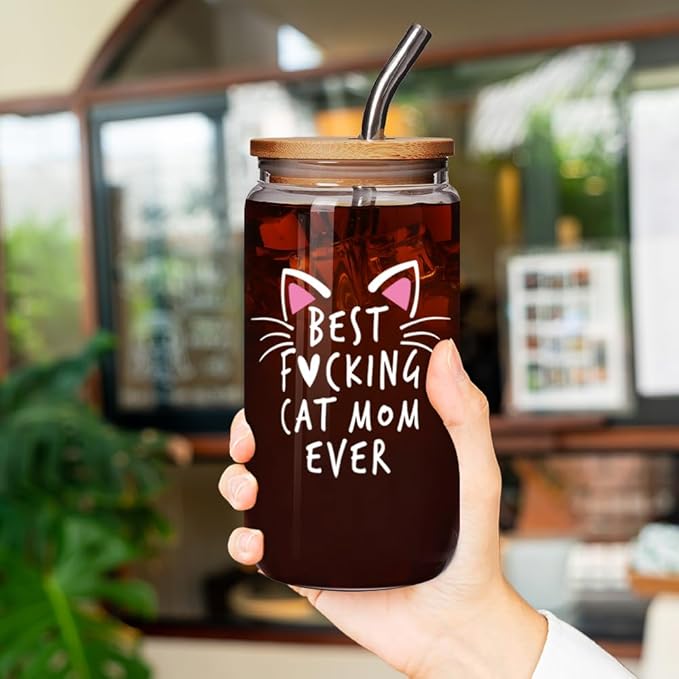 Funny Cat Glass Cup Set Best Cat Mom Ever Gifts for Cat Lover, Christmas Birthday Mothers Day Gifts for Cat Mom, Cute Cat Themed Gifts for Women Sister Bestie Daughter