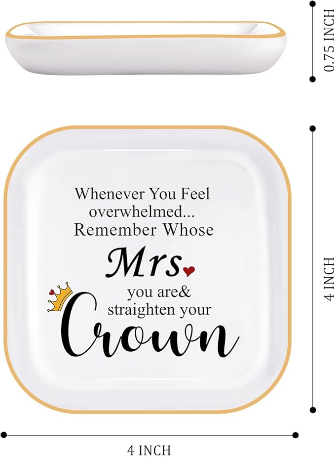 PUDDING CABIN Mothers Day Gifts for Wife Mrs. Jewelry Dish - Remember Whose Mrs. you are & Straighten Your Crown - Engagement Wedding Ring Holder Jewelry Tray, Anniversary Birthday Gift for Wife