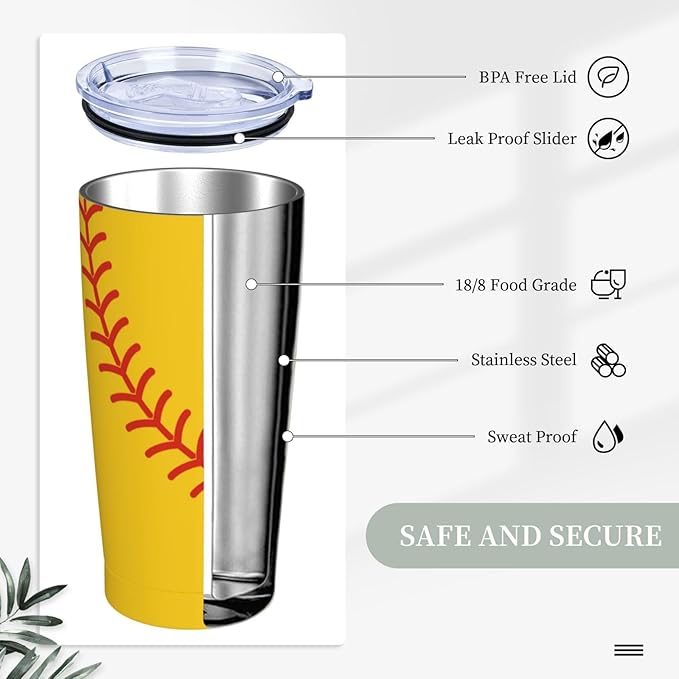 Baseball Tumbler 20oz Baseball Stainless Steel Insulated Tumblers with Lid and Straw Yellow Travel Coffee Mug Tea Wine Cups Water Bottle Holiday Gifts for Women Baseball Lover