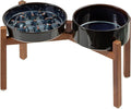 Ceramic 1.6 Cup Raised Slow Feeder Dog Bowl Set, Elevated 7.3inch Bowl and 8.2inch Slow Feeder Dish with Acacia Wood Stand for Medium and Large Dogs (2 x Starry Sky+ Stand)