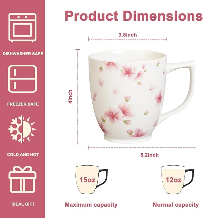 Ceramic Coffee Mug - Cherry Blossom Cup, 15 oz Froal Mug for Coffee Milk Latte, Christmas Mothers Valentine Day Gifts for Women