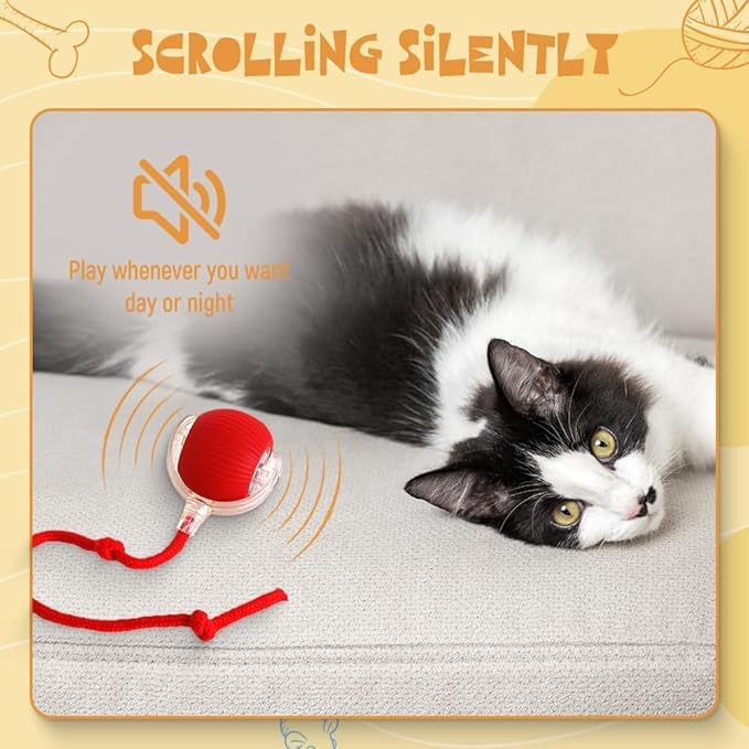 Interactive Cat Ball Toys, Automatic with Mouse Cord, Smart Self-Rolling, Indoor Adult Cat Toys (Red)