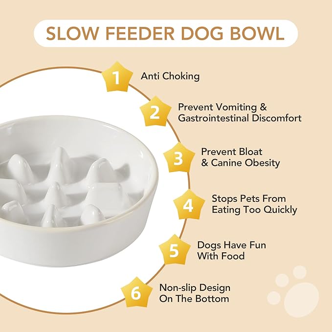 Ceramic 1.2 Cup Dog Bowl Slow Feeder, 7.3 inch Slow Pet Food Dish for Medium and Small Dog, Stop Bloat, Preventing Choking(Single Bowl, Reactived Glaze -White)