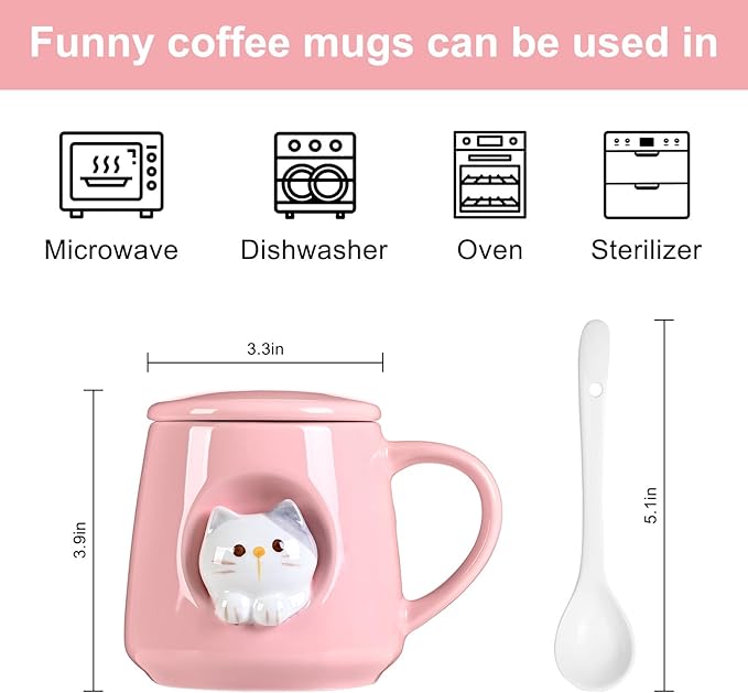 FrutPunch Ceramic Cute Coffee Mug, 12.8 oz Funny Coffee Mug with Lid and Spoon, Fun Gift for Women, Girls, Kids, Cat Lovers, Mothers Day