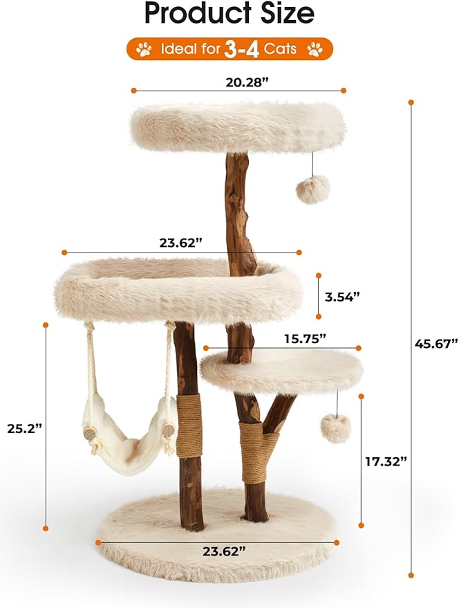 Letkind Modern Cat Tree Tower for Large Indoor Cats, Perches-Natural Solid Wood Cat Tower with Sisal Scratching Post, Perches, Hammock & PlayBalls, Aesthetic Boho Cat Furniture