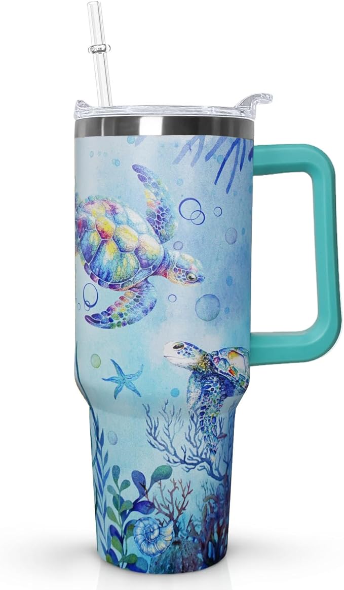 Ceovfoi 40 Oz Sea Turtle Tumbler with Handle Lid and Straw,Double Wall Vacuum Stainless Steel Watercolor Ocean Turtle Cup,Water Bottle,Travel Coffee Mug,Hawaiian Sea Turtle Decor,Accessories