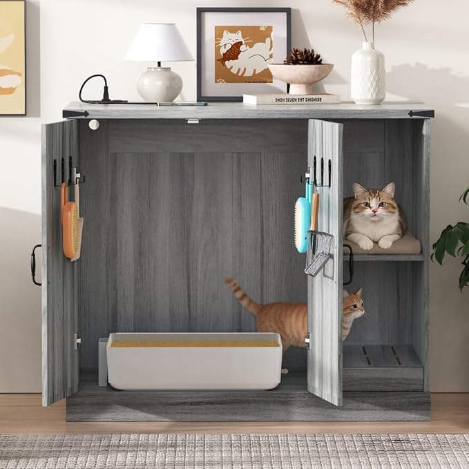 Modern Cat Litter Box Cabinet Furniture with Power Outlet for Automatic Cleaner, Hidden Enclosure Featuring Litter Catcher Trap Door, Adjustable Storage Shelves, Gray
