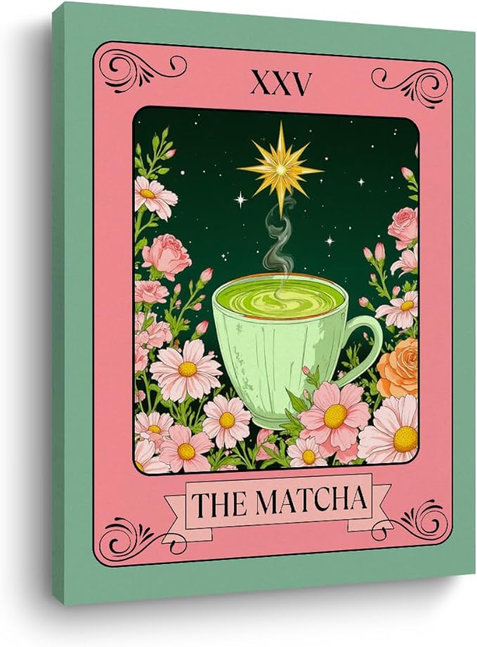 The Matcha Tarot Print Wall Art, Green Tea Vintage Posters Canvas Framed Prints Modern Home Decor, Retro Botanical Floral Poster for Living Room Entryway Bedroom Book Shelf Room Aesthetic