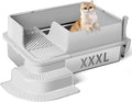 XXXL Stainless Steel Litter Box, 28"x20"x12" Extra Large Semi Enclosed High Sided Metal Cat Litter Box with Filtered Grid, Step, Scoop, Non-Sticky, Non-Odor, Easy Cleaning (Light Gray)