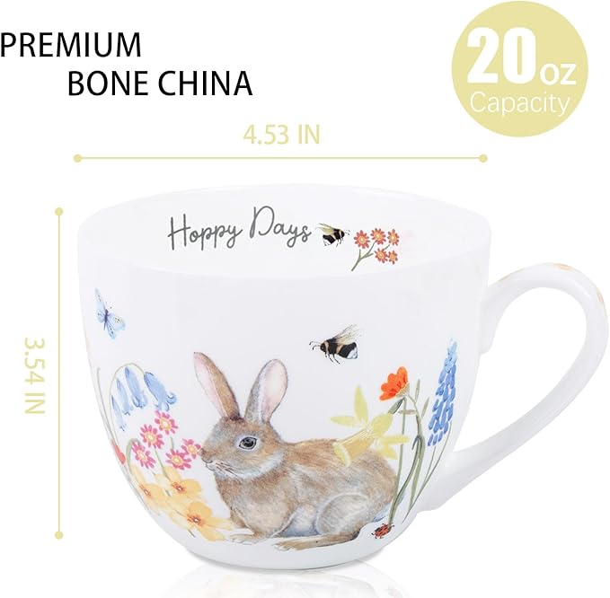 20 oz Easter Bunny Coffee Hug Mug, Spring Flowers & "Happy Days" Slogan, Premium Bone China Rabbit Tea Mug, Cute Easter Gift for Women, Family, Friends, Designed in England by Harvest Green Studio
