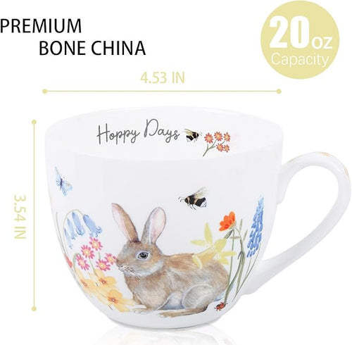20 oz Easter Bunny Coffee Hug Mug, Spring Flowers & "Happy Days" Slogan, Premium Bone China Rabbit Tea Mug, Cute Easter Gift for Women, Family, Friends, Designed in England by Harvest Green Studio