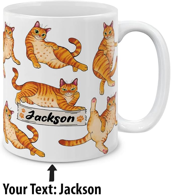 MUGBREW Personalized Coffee Mug with Your Name or Text, Customized Gifts For Christmas Birthday Anniversary, Ceramic 11 OZ Coffee Mug Tea Cup - Orange Tabby Cat Funny Playful Postures Pattern