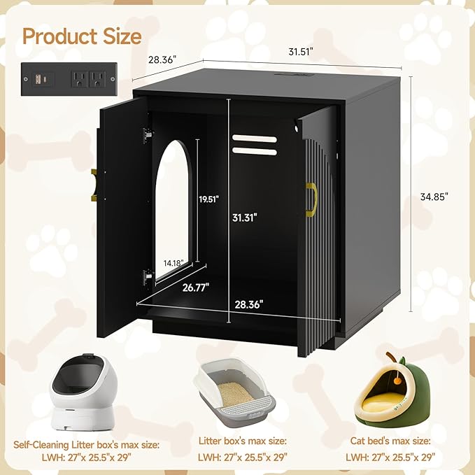 Large Cat Litter Box Enclosure for Self Cleaning Litter Box, 34.84" Tall Litter Boxes Furniture w/Outlets, Modern Cat House, Hidden Cat Litter Furniture for Living Room Black