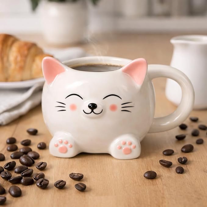 Cute Cat Coffee Mug – 16oz Ceramic Animal Mug, Handmade Gift for Cat Lovers, Cute Kawaii Coffee & Tea Cup – White Tabby