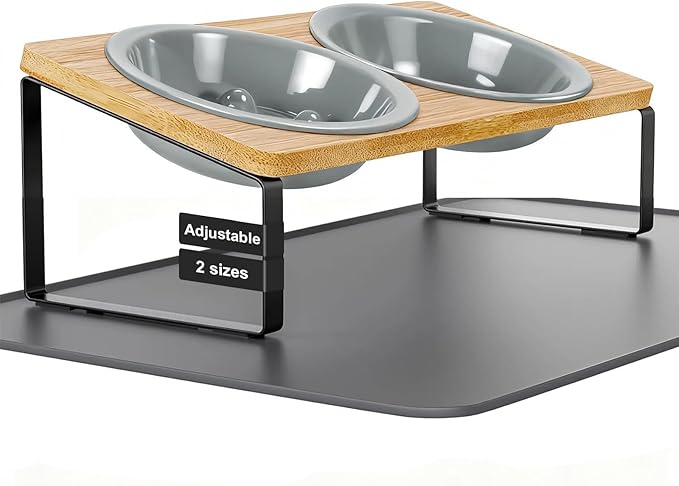 Upgraded Adjustable Height Cat Food Bowls Stand Ceramic Dog Bowls and Slow Feeder Cat Bowl, 15°Tilted Stand Anti Vomiting Raised for Small and Medium Sized Cats Dogs (Grey (2 Bowl+Pet mat))