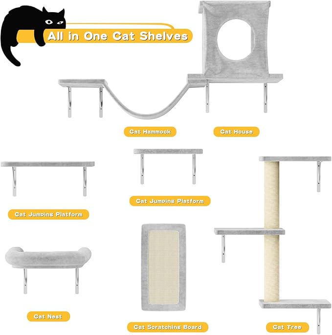 6-in-1 Cat Wall Shelves, Wall Mounted Cat Climber with Condo House, Scratching Post, Bridge Ladder, Space-Saving Indoor Play Furniture for Kittens, Grey