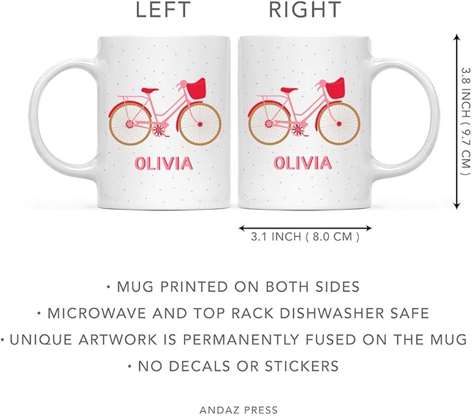Andaz Press Personalized 11oz. Kids Hot Chocolate Mug, Pink and Red Bike, 1-Pack, Custom Child’s Bicycle Birthday Christmas Coffee Cup
