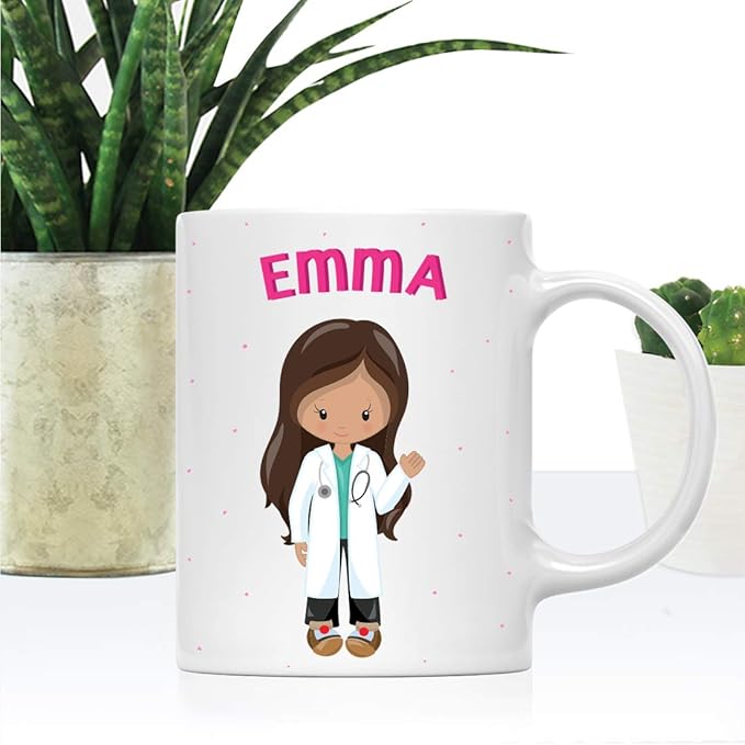 Andaz Press Personalized 11oz. Kids Milk Hot Chocolate Mug, Brown Haired Girl Doctor, 1-Pack, Custom Child’s Birthday Christmas Coffee Cup