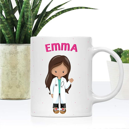 Andaz Press Personalized 11oz. Kids Milk Hot Chocolate Mug, Brown Haired Girl Doctor, 1-Pack, Custom Child’s Birthday Christmas Coffee Cup