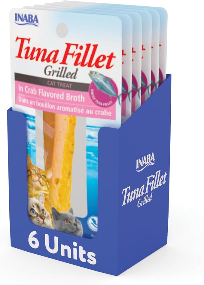 INABA Premium Hand-Cut Grilled Tuna Fillet Cat Treats/Topper with Vitamin E and Green Tea Extract, 0.52oz. Each, Pack of 6, Crab Broth