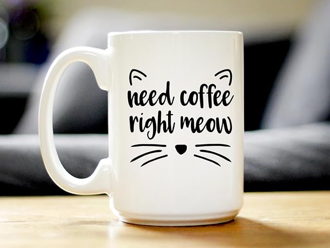 Bevvee Need Coffee Right Meow - Funny Cat Themed Coffee Mug Gifts & Decor - Large 15oz White Ceramic Mug