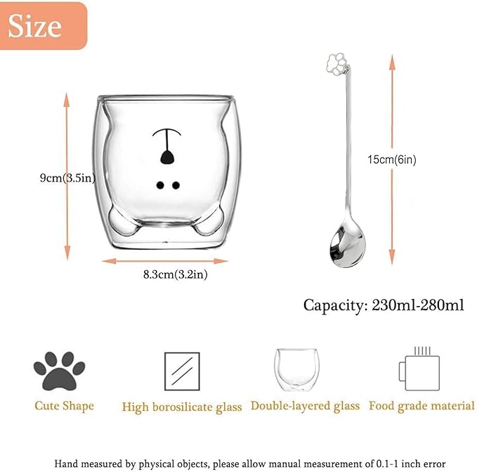 Binoster Cute Mugs Double Wall Glass Coffee Glass Cup Kawaii Bear Tea Milk Cup Funny Mug Animal Mug Aesthetic Cup for Office and Personal Birthday Gift (Happy bear)