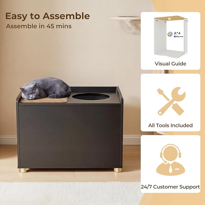 Top Entry Litter Box Enclosure, Flip Top Cat Litter Box Furniture with Scratch Mat, Stylish Hidden Cat Washroom for Large Cats (Black)
